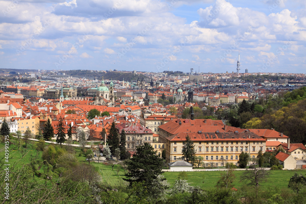 Spring Prague gothic Castle with green Nature, Czech Republic