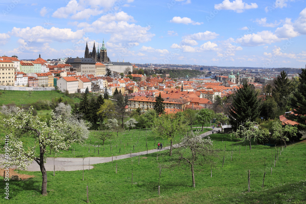 Spring Prague gothic Castle with the green Nature