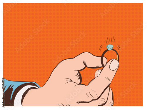Pop art illustration.Hand holding a ring.