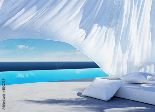 Curtain wind blow, lounge sofa bed, pool summer holiday