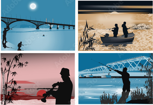 four illustrations with fishermen at night