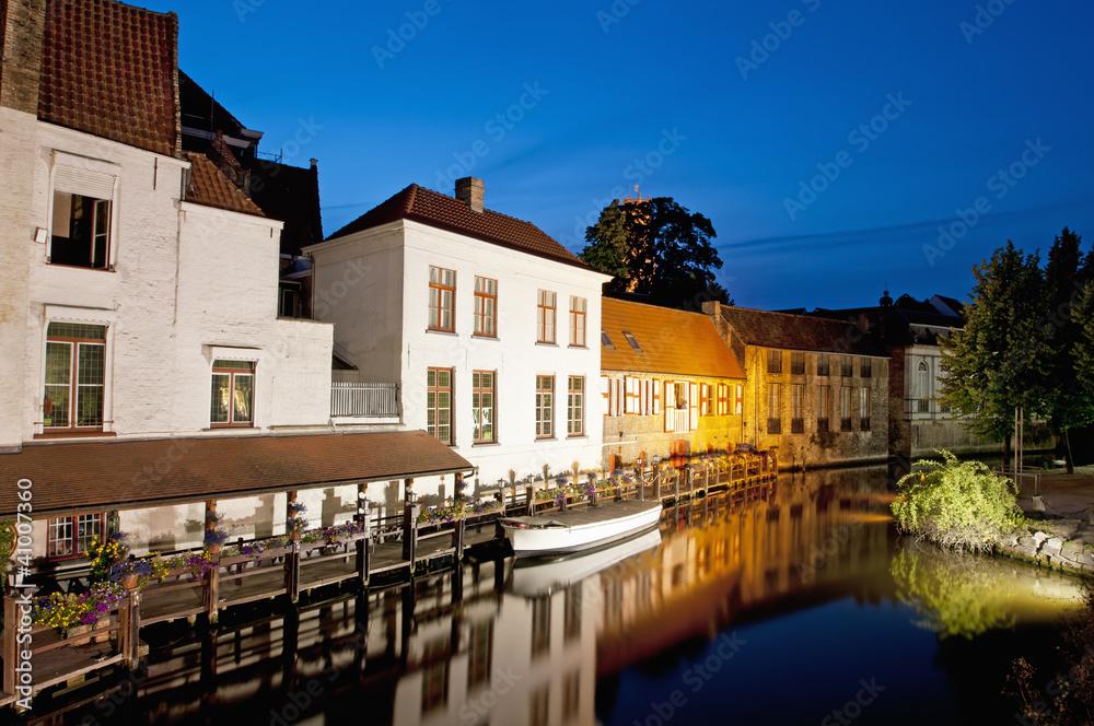 Canal houses of Bruges by night, Belgium