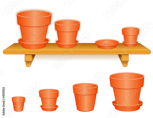 Garden Flowerpot Pottery, clay saucers, wood shelf