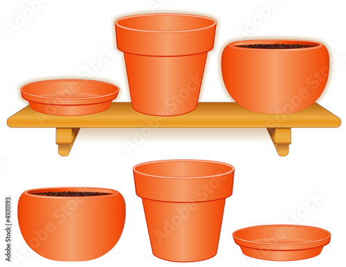Garden Pottery, flowerpots, round planter, saucers, wood shelf