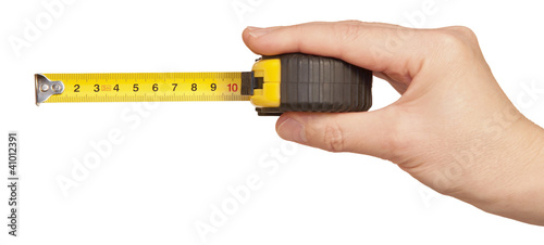 tape measuring in hand isolated on white
