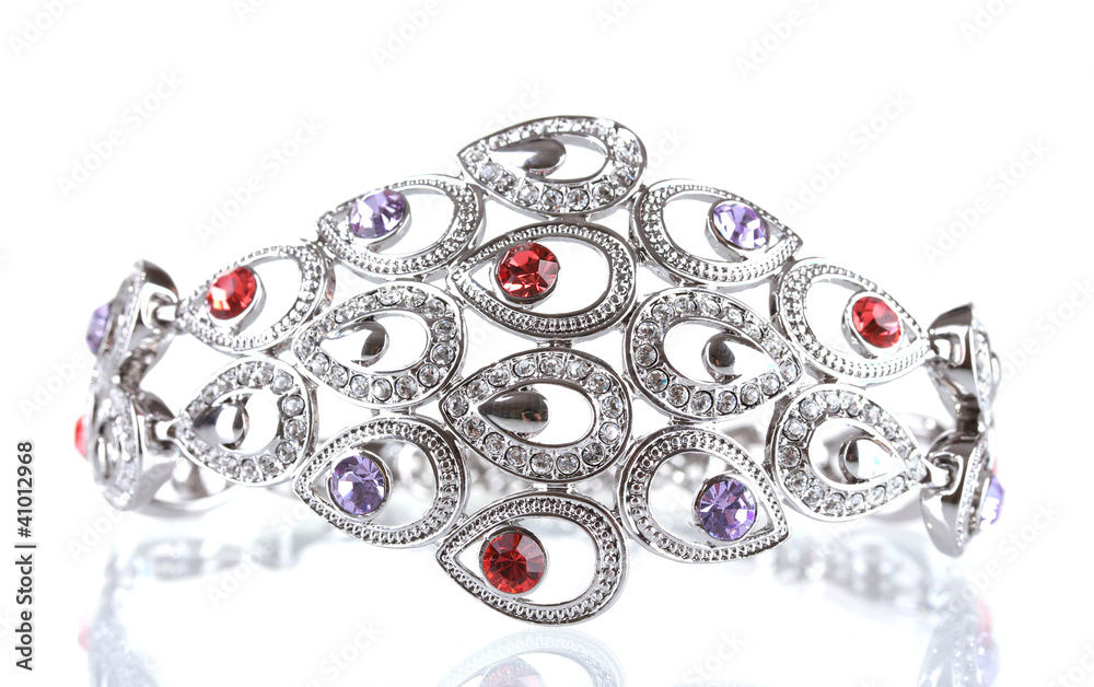 Obraz premium Beautiful silver bracelet with precious stones isolated on white
