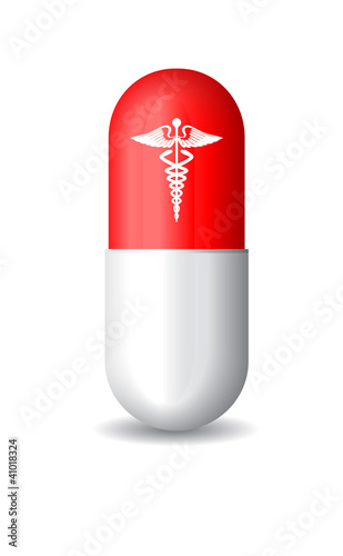 red white pill with medical caduceus symbol