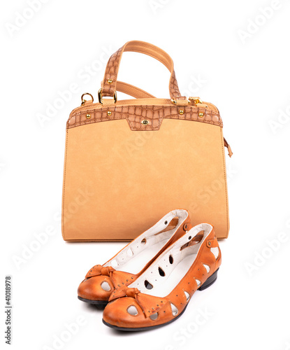 Pair of terracotta women shoes and handbag