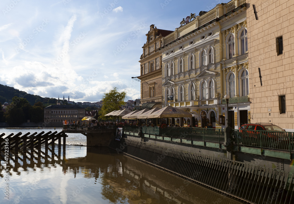 Cafes and restaurants along  vltava river in prague