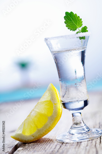 Canvas Print Cold vodka in frosted shot glass