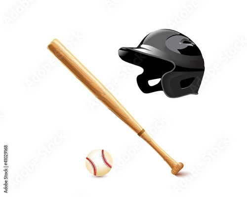 Bat, ball and baseball helmet object