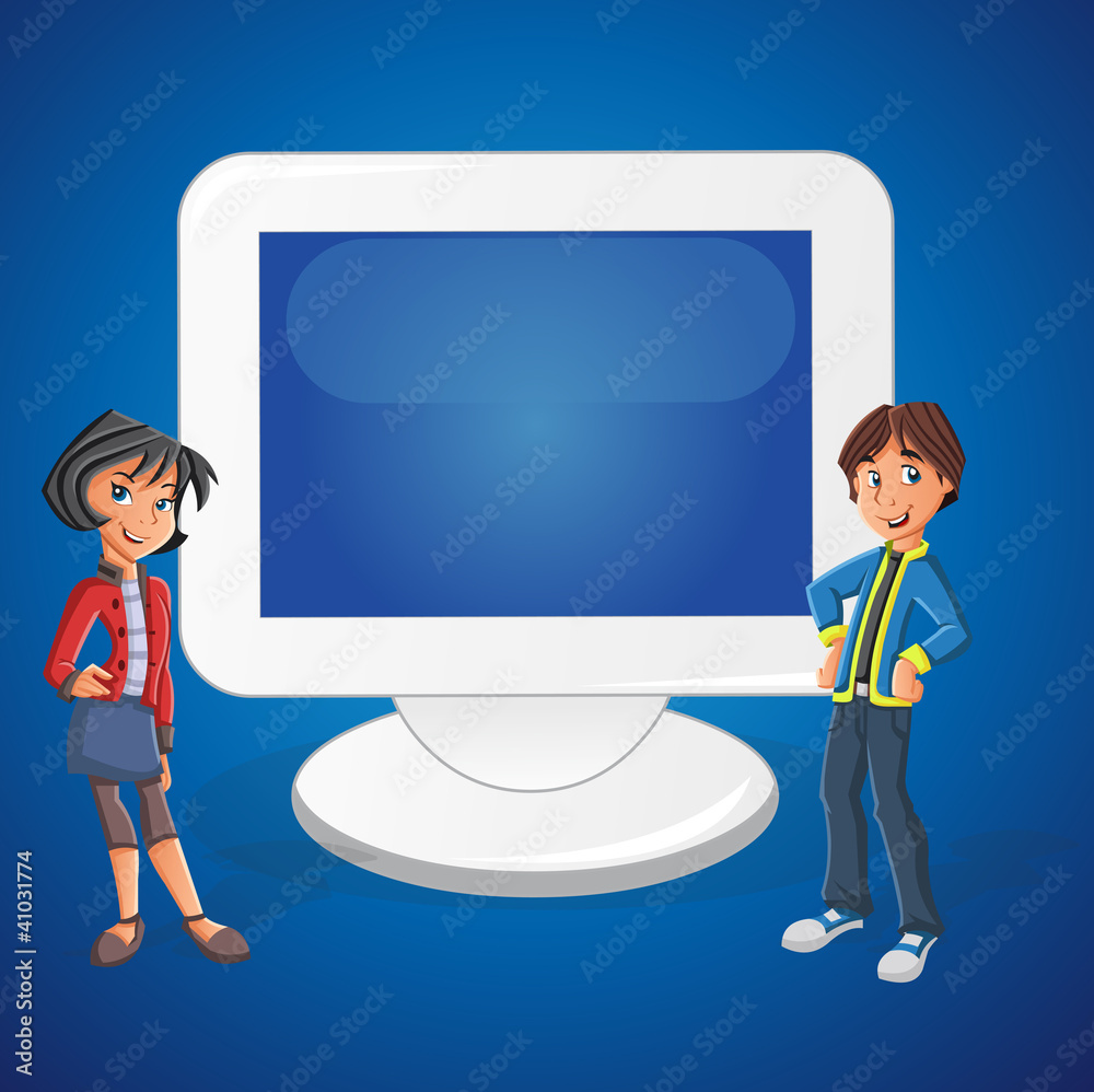 Cartoon teenager couple and computer screen with empty space Cartoon teenager couple and computer screen with empty space