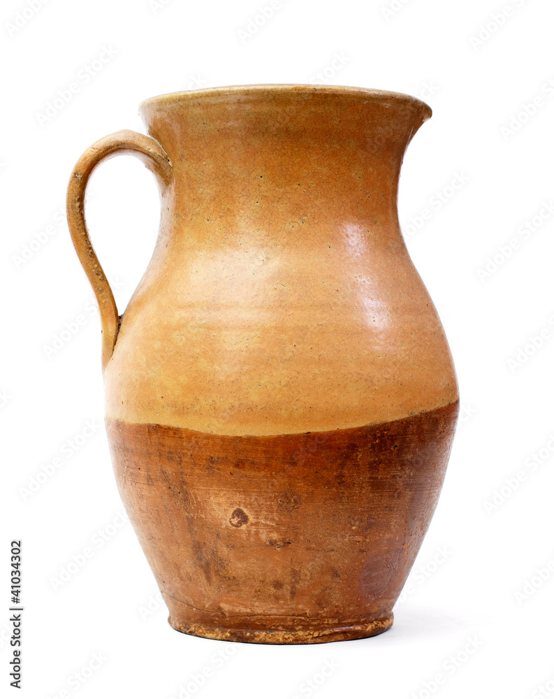 Clay jug, old ceramic vase isolated