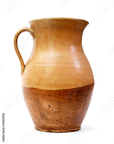 Clay jug, old ceramic vase isolated