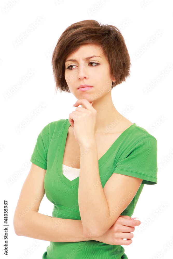 A cute college girl thinking, isolated on white A cute college girl thinking, isolated on white