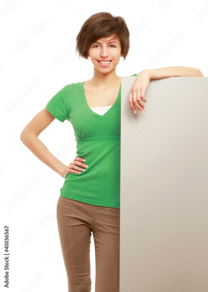 A smiling woman with a blank A smiling woman with a blank