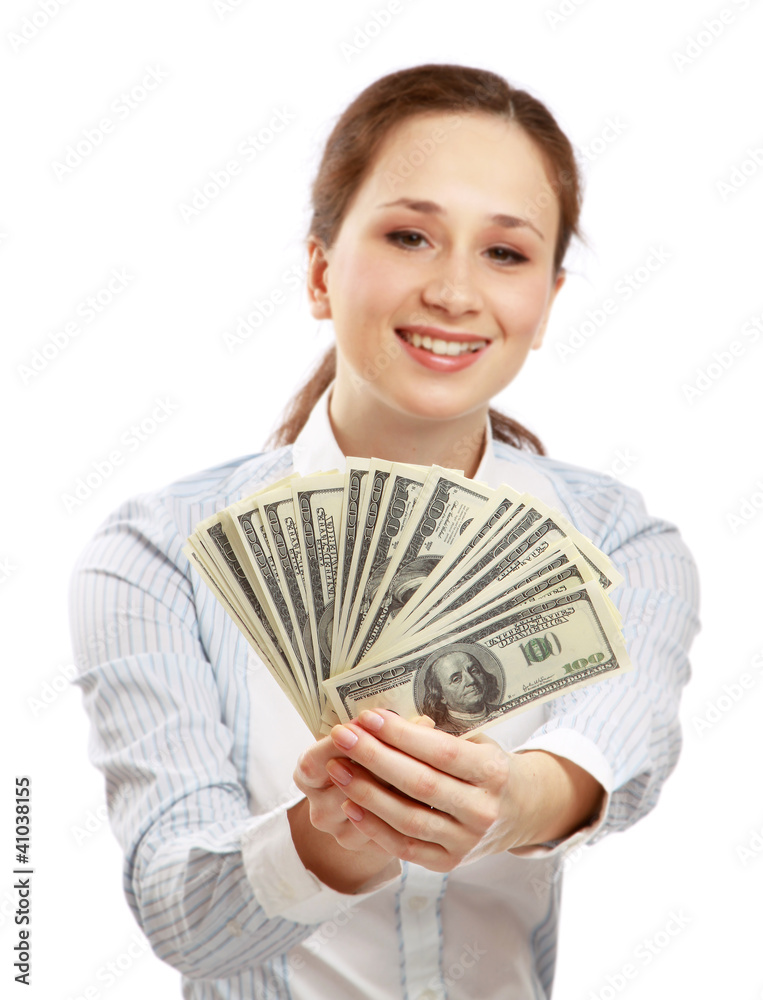 Portrait of businesswoman holding dollar isolated on white Portrait of businesswoman holding dollar isolated on white