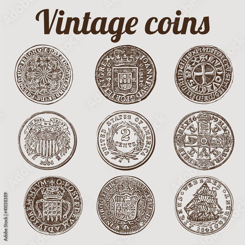 Silver coins collection / vintage vector illustration