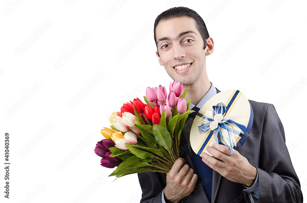 Businessman with giftbox and flowers Businessman with giftbox and flowers