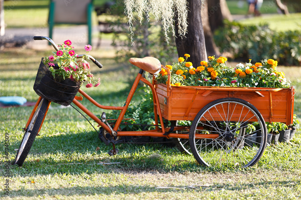 Beautiful floral bouquet on the bicycle