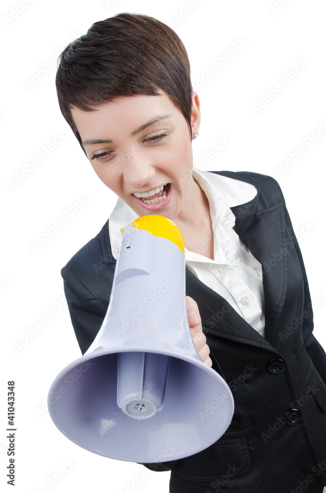 Young business lady screaming to loudspeaker Young business lady screaming to loudspeaker