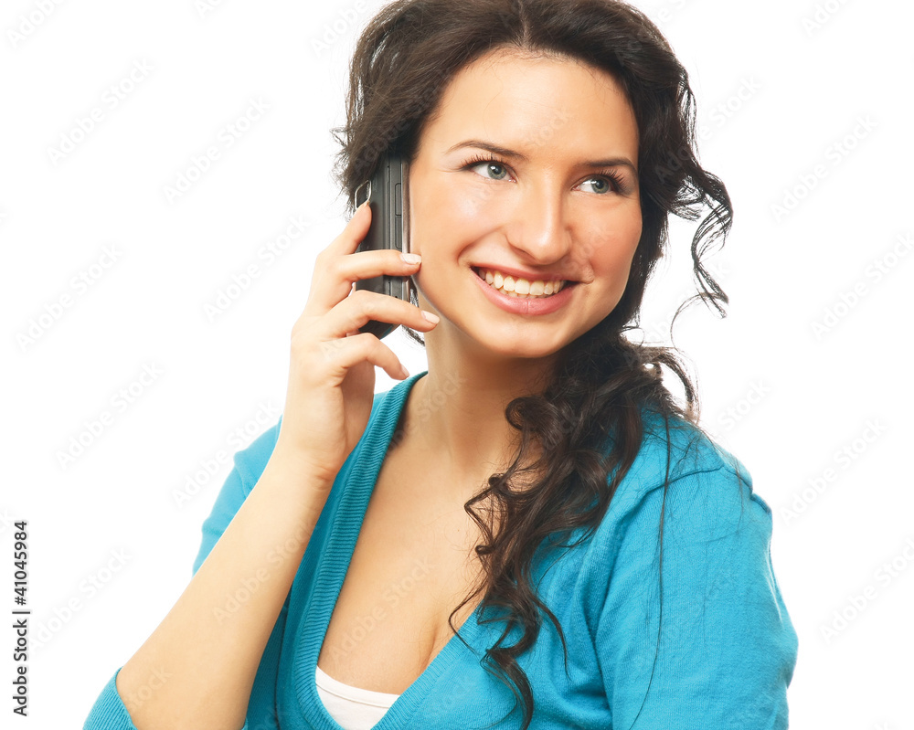 A business woman is talking on phone - on white background A business woman is talking on phone - on white background