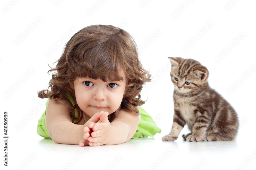 Funny child lying on floor. Scottish kitten sitting near girl.
