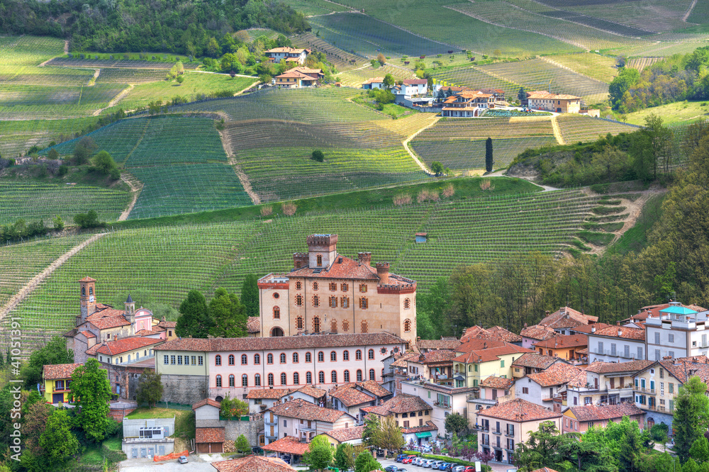 Barolo Castle and hills of Piedmont. Northern Italy.