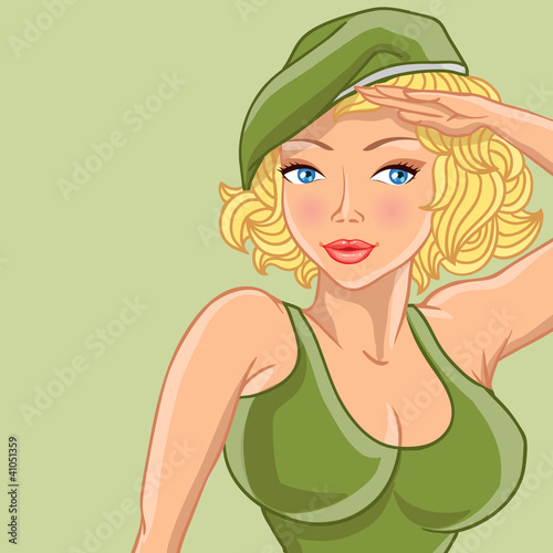 Cartoon female soldier gives honor. Vector illustration.