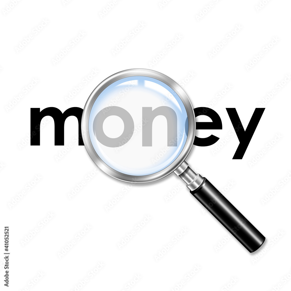 Icono lupa 3D con texto money Icono lupa 3D con texto money