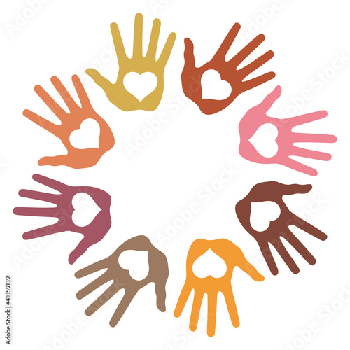 Circle of 8 loving hand prints, abstract vector illustration