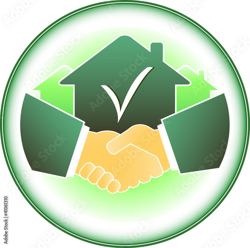 green sign with house and business handshake