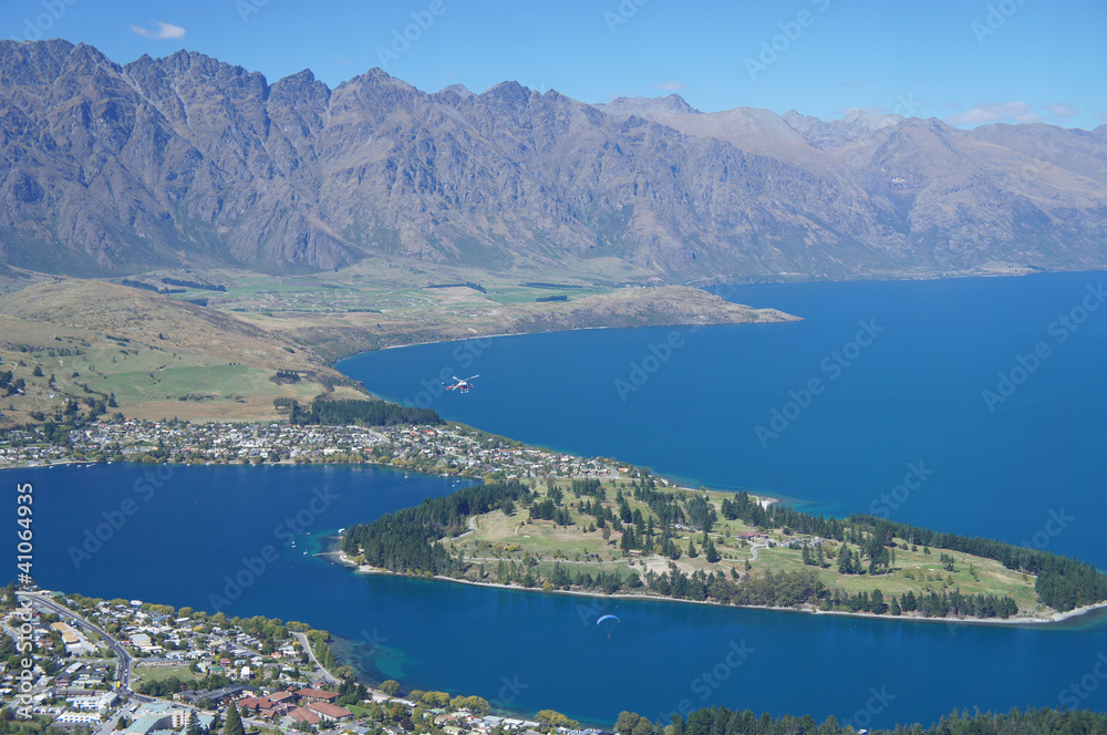 Aerial view of Queenstown With Lake Wakatipu at Noon.