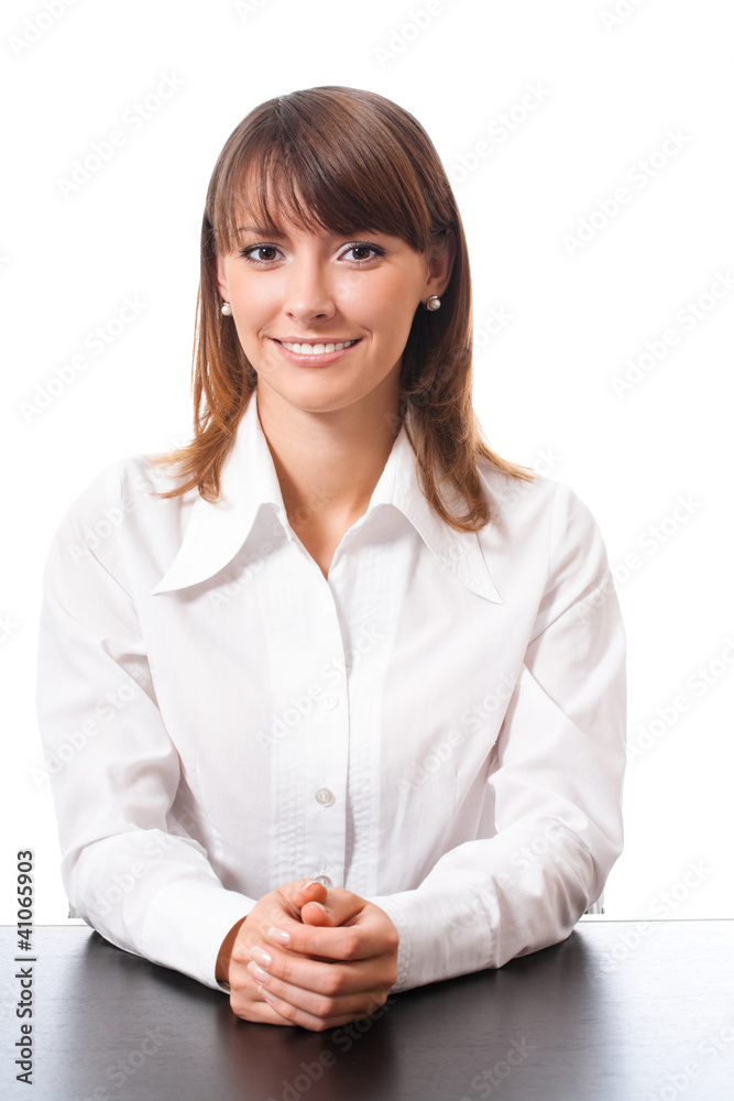 Happy smiling business woman, over white Happy smiling business woman, over white