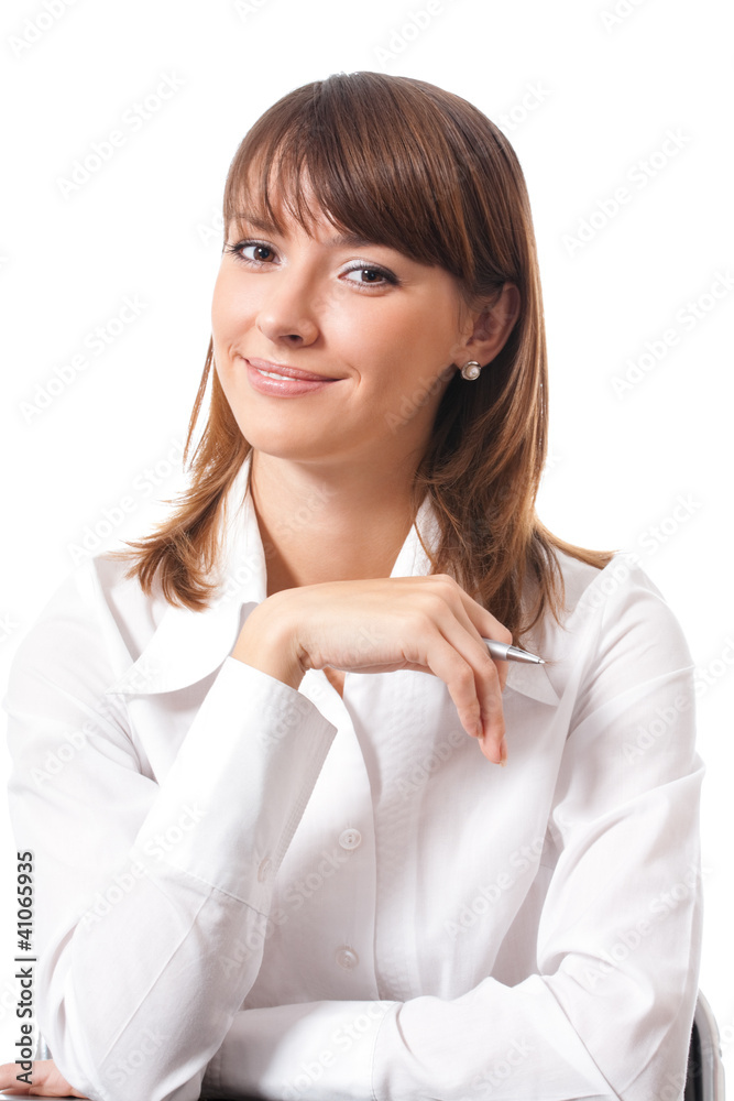 Happy smiling business woman, over white Happy smiling business woman, over white