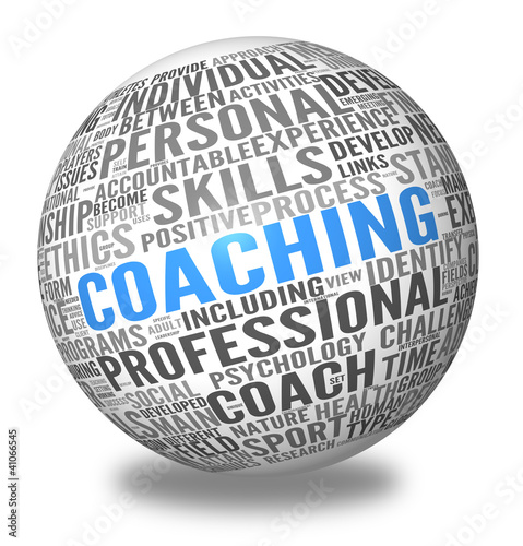 Coaching concept in sphere tag cloud