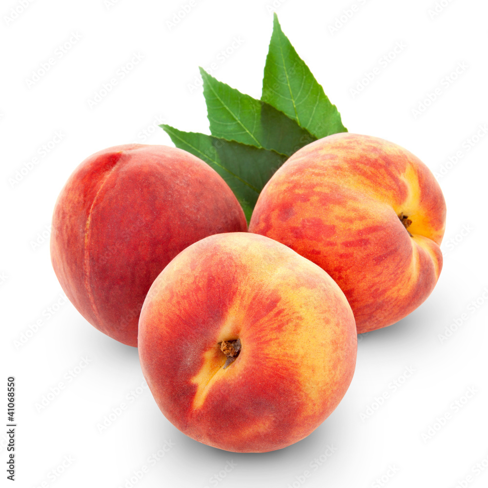 fresh peach fruits with cut and green leaves isolated fresh peach fruits with cut and green leaves isolated