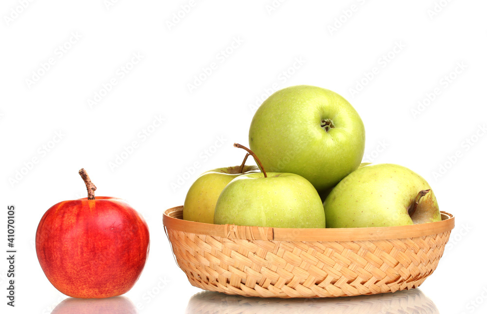 juicy green apples in the basket and red apple isolated on white juicy green apples in the basket and red apple isolated on white