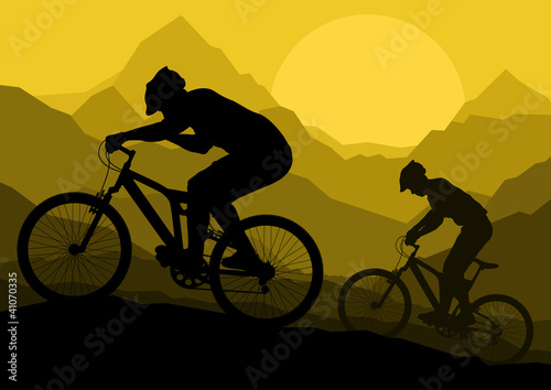 Mountain bike bicycle riders in wild mountain nature landscape v