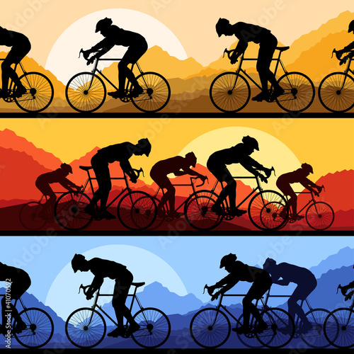 Sport road bike riders and bicycles detailed silhouettes