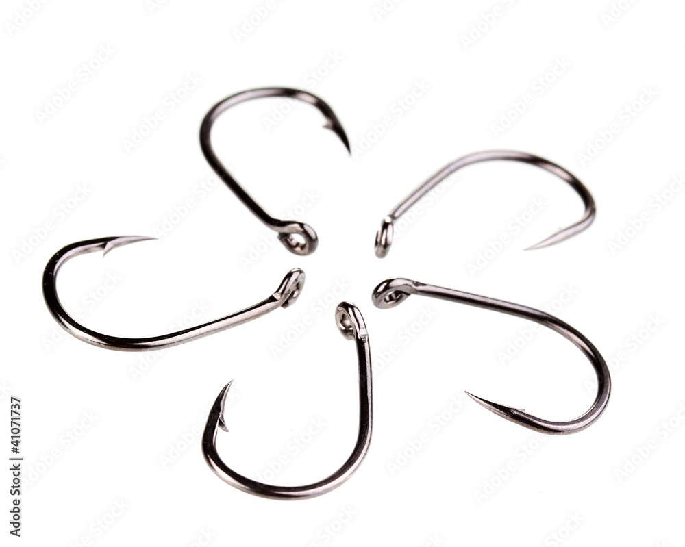 Flower-shaped fish hooks isolated on white