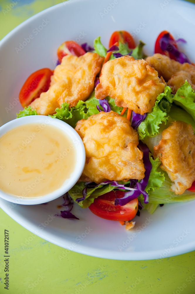 Delicious salad with fish, vegetable and dipping sauce Delicious salad with fish, vegetable and dipping sauce