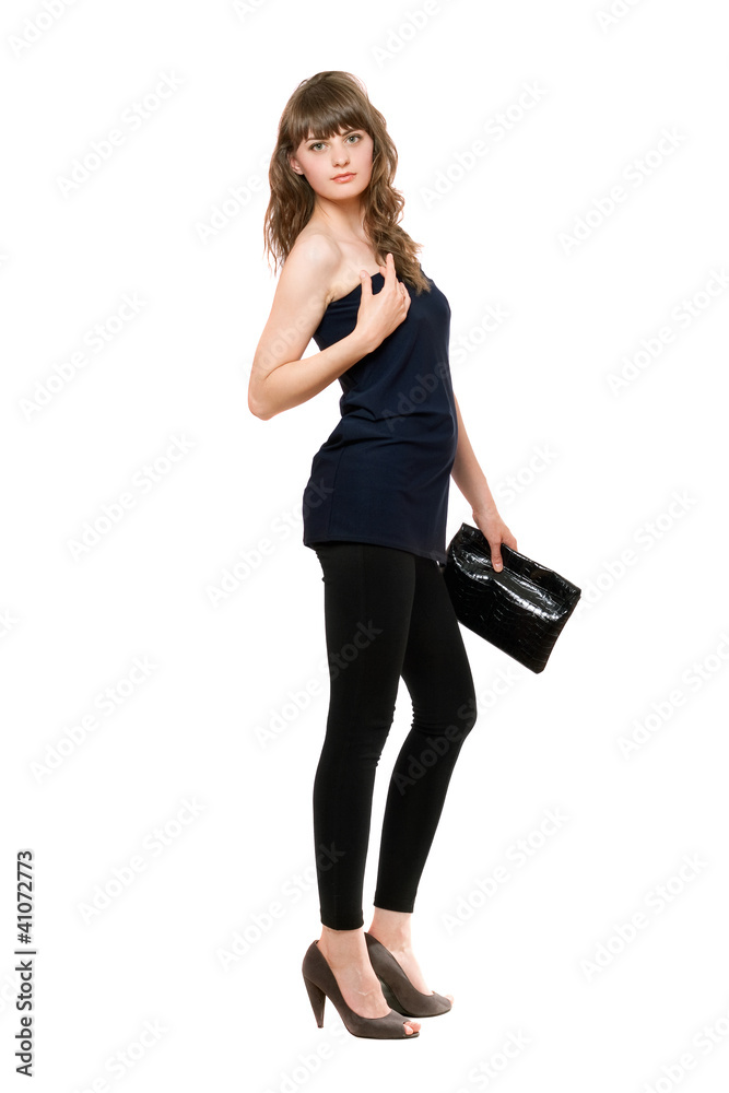 Nice girl in black leggings with a handbag Nice girl in black leggings with a handbag