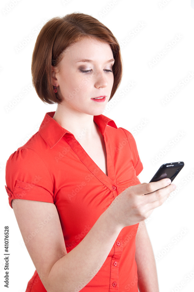 Fototapeta premium Junge Frau schreibt Sms
