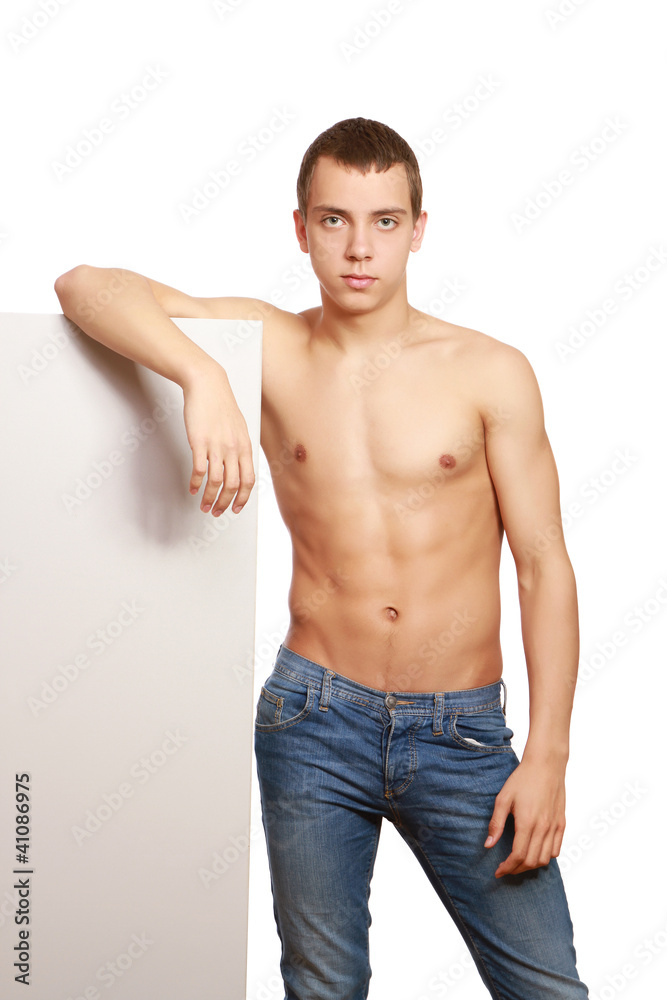 Portrait of a shirtless young man with a blank