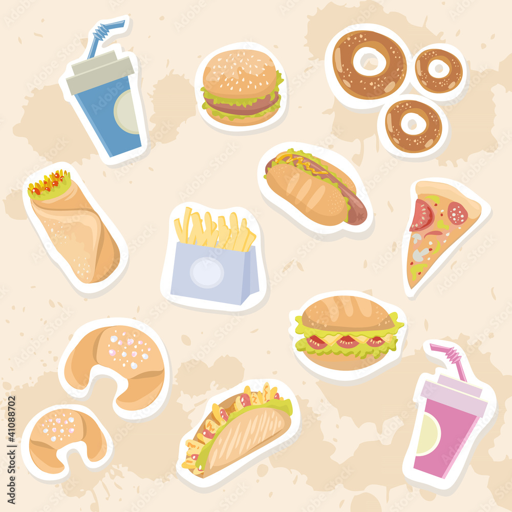 Fastfood delicious stickers set on grungy background