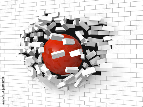 Brick wall destroyed by a red ball 3d render