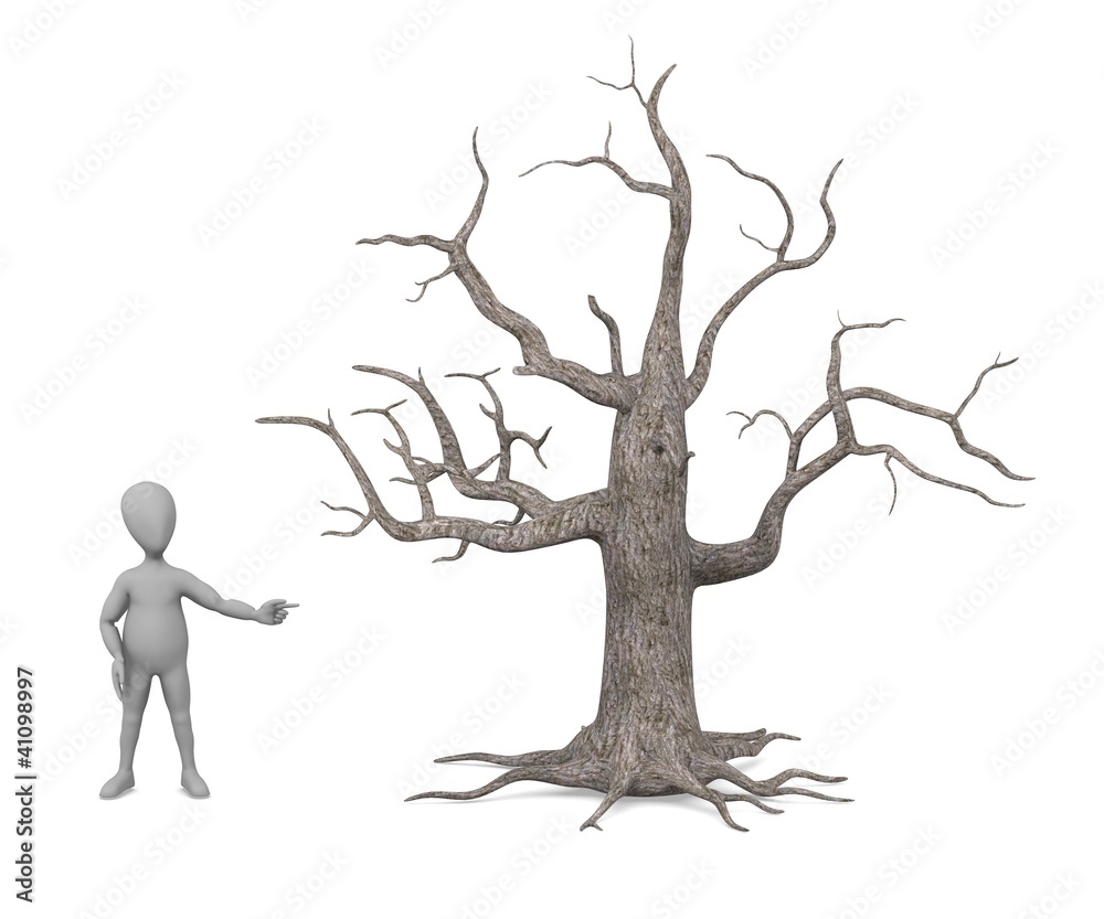 3d render of cartoon character with dead tree