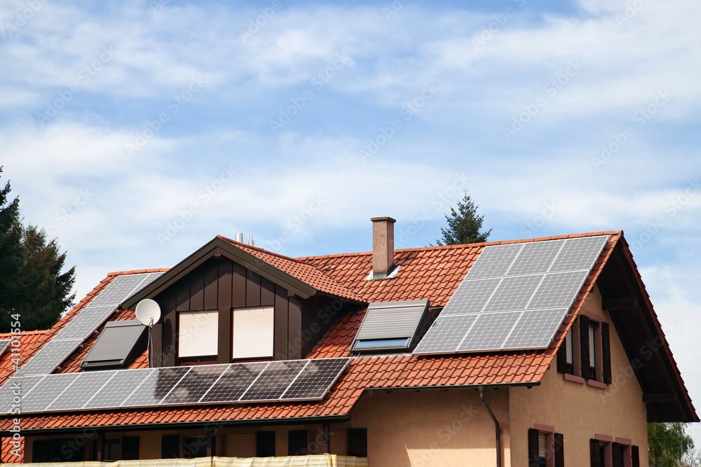 Solar panels on the roof of an apartment house