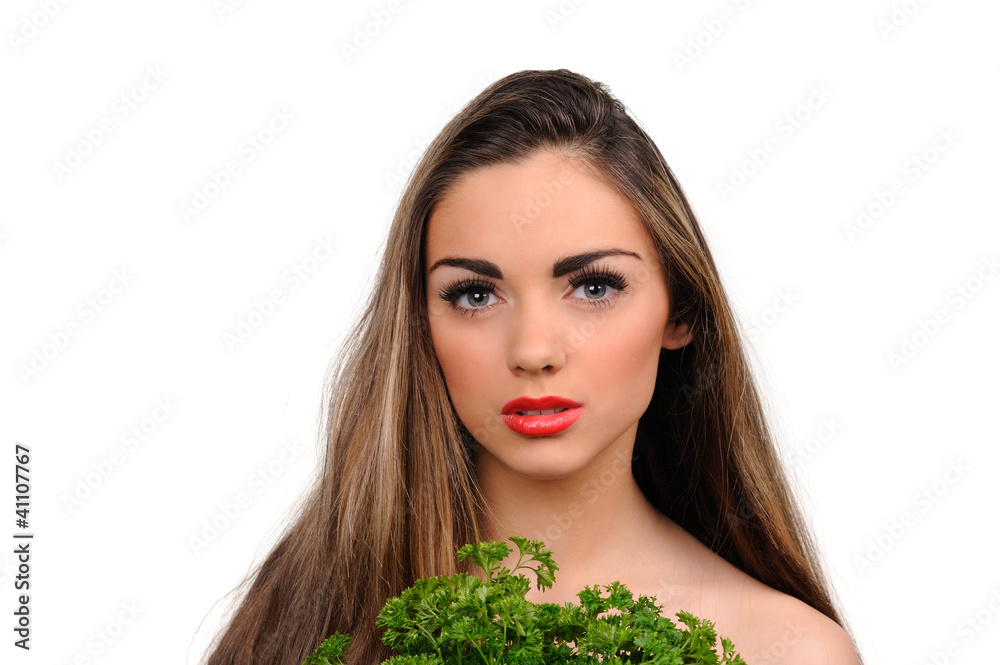 Portrait of beautiful girl with green parsley Portrait of beautiful girl with green parsley
